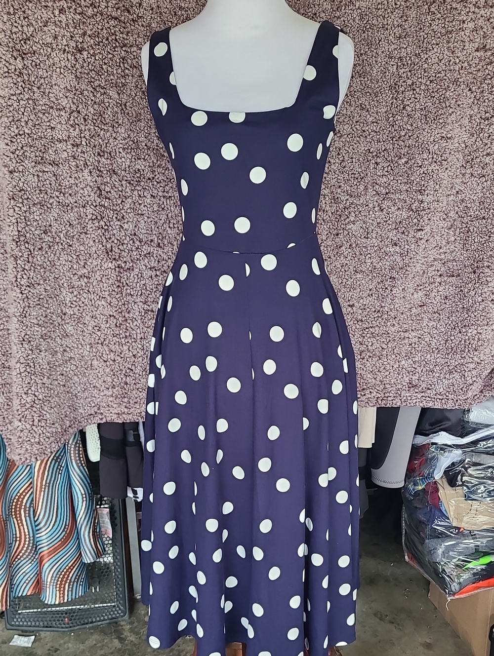 Polka Dot Navy Square-Neck Midi Dress